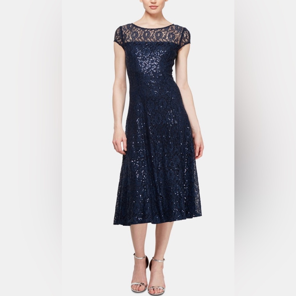 Navy blue size 12, new with tags Mother of the Bride/Groom dress-Lace & Sparkles